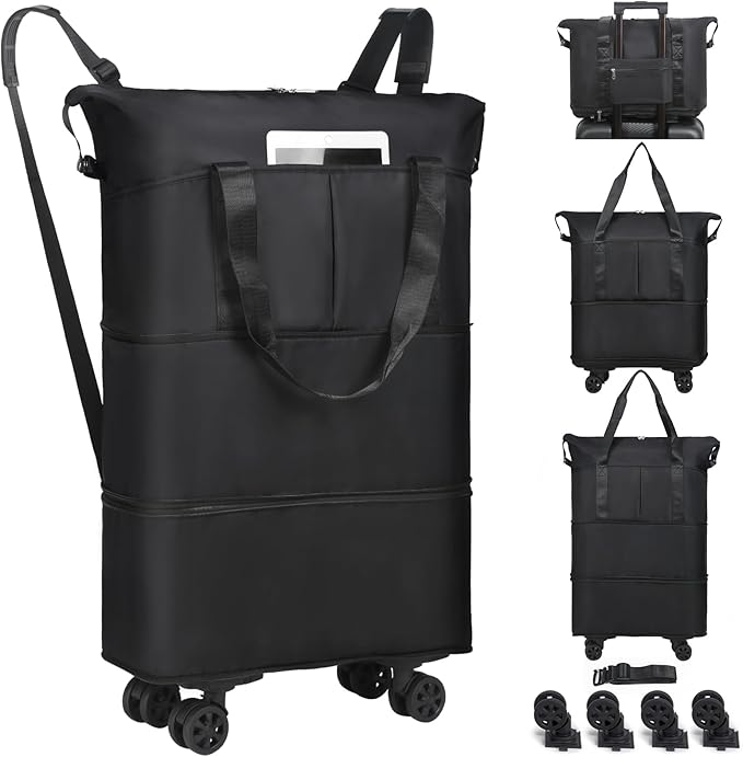 VOOWO Duffel Bag with Wheels - Rolling Foldable Expandable Duffle Bag with Wheels for Travel, Rolling Luggage Bag Carry On Travel Bag with Wheels, Large Wheeled Overnight Weekender Bag (Black)