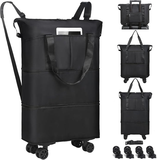 VOOWO Duffel Bag with Wheels - Rolling Foldable Expandable Duffle Bag with Wheels for Travel, Rolling Luggage Bag Carry On Travel Bag with Wheels, Large Wheeled Overnight Weekender Bag (Black)