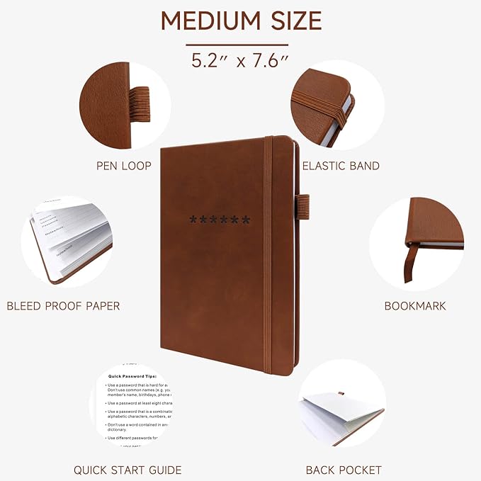 Password Book with Alphabetical Tabs – Hardcover Internet Address & Password Organizer – Password Keeper Notebook for Computer & Website – 5.2 x 7.6" Log-in Password Journal w/Thick Paper (Brown)