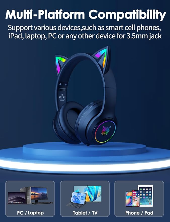 Cat Ear Bluetooth Headphones for Kids & Adults, 55H Play Time, Wireless Foldable & Wired Multi-Function LED Light Up Over Ear Headphones with Mic and Volume Control for iPhone/iPad/Laptop/PC