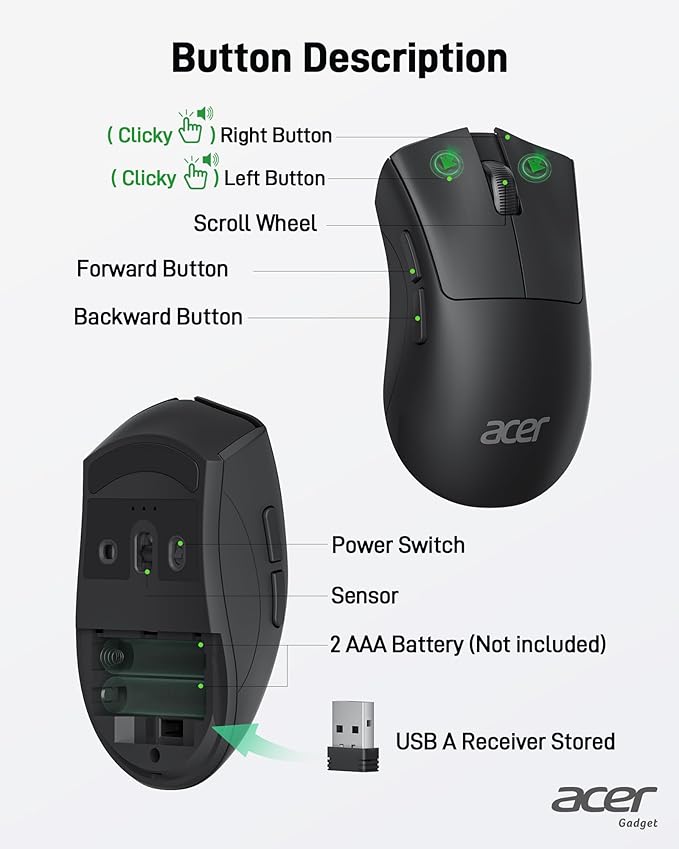 acer Wireless Mouse, 1200 DPI Computer Mouse for Laptop with 2.4GHz USB A Receiver, 5 Buttons Compatible for Windows, macOS, Android (Black)