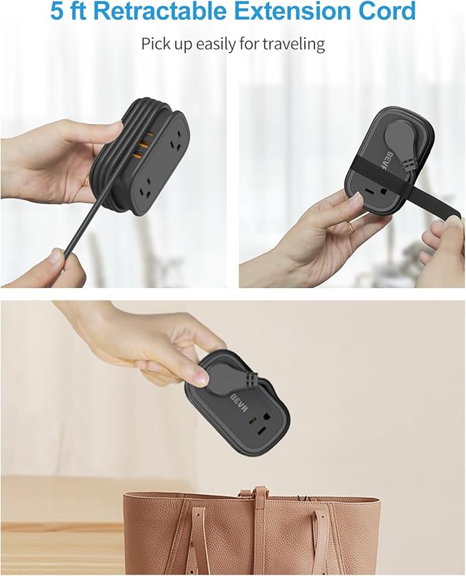 Travel Power Strip, BEVA 5ft Flat Plug Extension Cord with Retractable USB C Cable, Portable Power Strip Flat Plug 2 Outlets 3 USB Ports, Compact for Travel Hotel Cruise Essentials (Black)