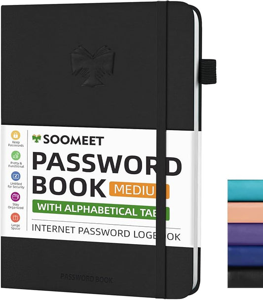 Password Book with Alphabetical Tabs, Hardcover Password Keeper, A5 Size 8.3"x6" Password Notebook for Saving Internet Login, Username, Password Organizer for Computer & Website Logins(Black)