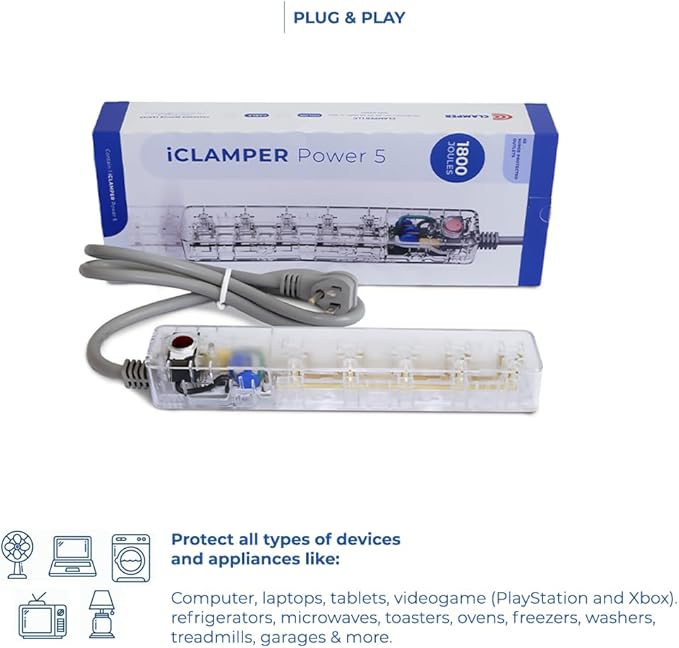 Clamper Power Strip 5-Outlet 4ft Extension Cord, Short Circuit Protection, Surge Protector 1800 Joules, 1875W, for TV, PC, Xbox, PS5 and Other Appliances, Home and Office, iCLAMPER Power 5 Clear