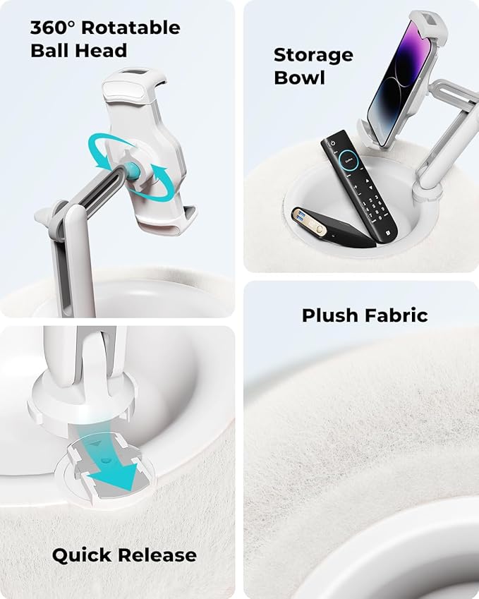 Viozon Tablet Stand Pillow, Compatible with 4.7"-13" Phone/Tablet, iPad, iPhone, Samsung, Google, Kindle, 360°Adjustable Phone Holder for Bed with Soft Plush Fabric, and Detachable Bowl, White