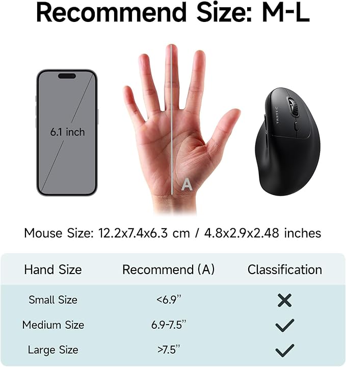 SANWA Multi Device Ergonomic Vertical Mouse, Silent Click, 5 Programmable Buttons, 2 Bluetooth 5.0 + 2.4G Wireless Ergo Mice for Medium Large Hands, Compatible with Windows, Mac OS, Laptop, PC, Black