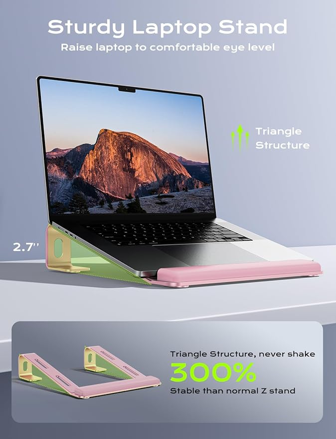 Aluminum Laptop Stand, Notebook Stand with Wrist Rest, Ergonomic Detachable Laptop Mount, Computer Stand Compatible with 10-17'' All Laptops Such as MacBook Air Pro/HP/Dell/Lenovo, Pink