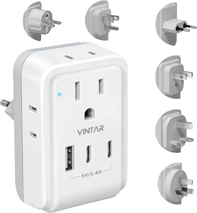 VINTAR Universal Travel Adapter Kit, International Power Adapter with 4 AC & 3 USB Ports(2 USB C), Type A,B,C,E/F,G,I, Swap Adapt Attachments, Travel Adapter Worldwide for Europe/UK/Aus/Japan/Africa