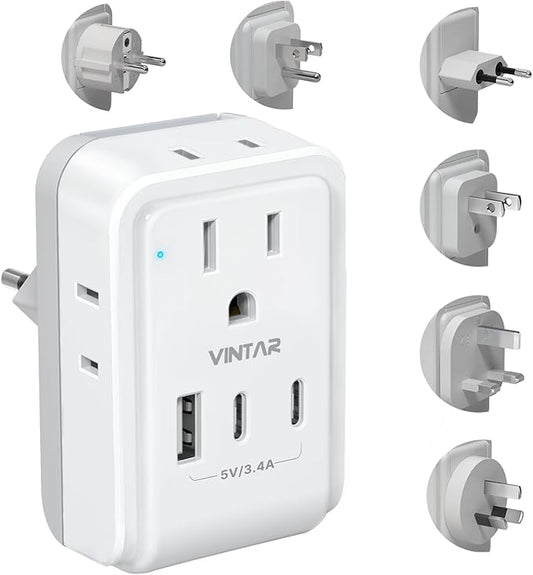 VINTAR Universal Travel Adapter Kit, International Power Adapter with 4 AC & 3 USB Ports(2 USB C), Type A,B,C,E/F,G,I, Swap Adapt Attachments, Travel Adapter Worldwide for Europe/UK/Aus/Japan/Africa