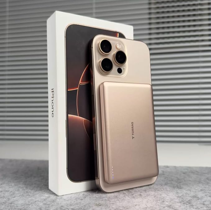 TORRAS MiniMag Power Bank, Ultra Slim 5,000mAh Wireless Portable Charger with USB-C Cable, Fast Charging iPhone Air MagSafe Battery Pack, Compatible Charger for iPhone 17/16/15/14/13/12, Desert Gold