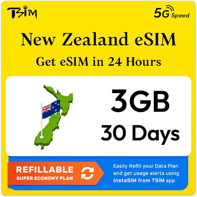 New Zealand eSIM | 3GB Super Saver Refillable Plan! QR Code Sent via Email in 24Hrs - Scan & Use Immediately | Auto Activating 30 Day Validity | 5G Speed + Hotspot | Data-Only No Phone Number