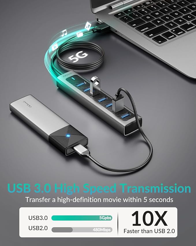 GM7U 7-Port USB 3.0 Hub with 3.3FT Long Cable, Aluminum High-Speed Multi Port Extender for PC Laptop, Desktop Computer, Older Mac, Black Grey