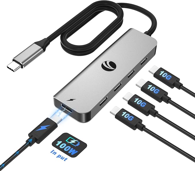 VCOM 10Gbps USB C Hub，5 Ports USB 3.2 Gen 2 Splitter with 100W Power Delivery，Aluminum USB Type C to USB Hub Multiport Adapter for MacBook Pro/Air and More Thunderbolt/USB C Laptop (Gray)