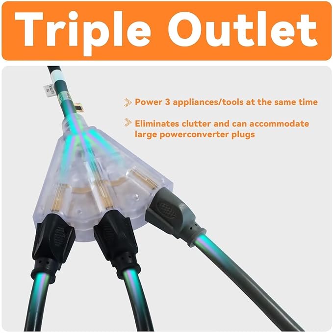 EP 10 Ft Lighted Outdoor Extension Cord with 3 Electrical Power Outlets - 12/3 SJTW Heavy Duty Black Extension Cable with 3 Prong Grounded Plug for Safety, UL Listed