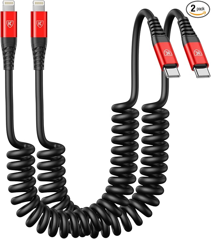 USB C to Lightning Cable, 2Pack 3FT Coiled Fast Charger for Car Type C to Lightning Cable Cord Compatible with 14 13 12 11 Pro Max Xr Xs 8 7 Plus Carlay-Red