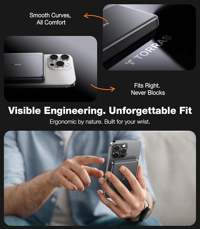 TORRAS MiniMag Qi2 Power Bank, Ultra-Slim 10,000mAh iPhone Air Magnetic Battery Pack, Qi2 Certified 15W Ultra-Fast Compatible Portable Charger, Ergonomic Design, for iPhore 17/16/15/14/13/12, Gray