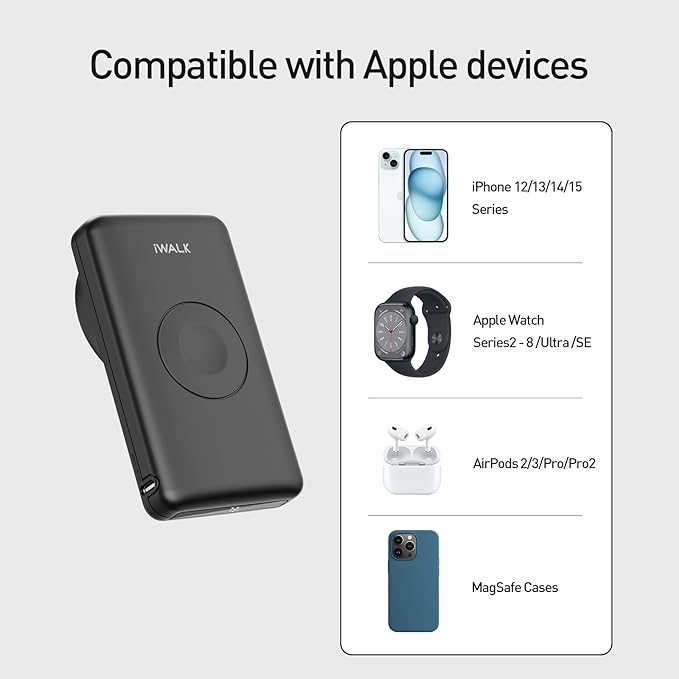 iWALK Magnetic Wireless Power Bank with iWatch Charger,10000mAh PD Fast Charging Portable Charger Compact Battery Pack Compatible with iPhone 17/16/15/14/13/12 Series,Apple Watch Ultra/8/7/6/5/4
