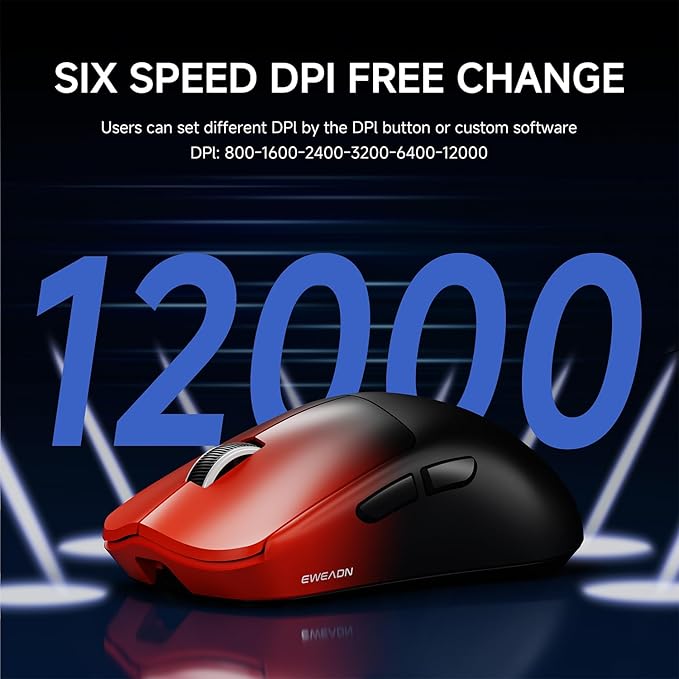 EWEADN X23Pro Wireless Gaming Mouse, 2.4G/BT5.0/USB-C Esports Gaming Mouse, 49g Lightweight Mouse Gaming, 12000 DPI Wireless Mouse with 6 Programmable Buttons, for Laptop/PC/Mac, Black-red
