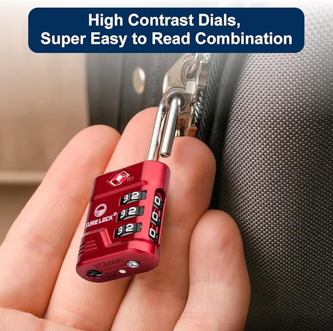 SURE LOCK TSA Locks for Luggage, TSA Approved Luggage Locks with Open Alert, TSA008 Key for High Security, Easy Read Dials, Zinc Alloy Body, Locker Lock for Suitcase, Gym, Travel(Red 2 pk)