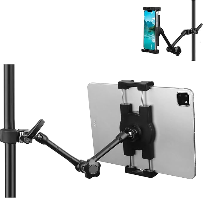 iPad Holder for Microphone Stand/Mic Music Stand,Tablet Mount Compatible with 4.7~12.9" / Nexus/LG G Pads/e-Reader/Switch/iPhone,360° Adjustable 10" Long Aluminum Alloy Arm