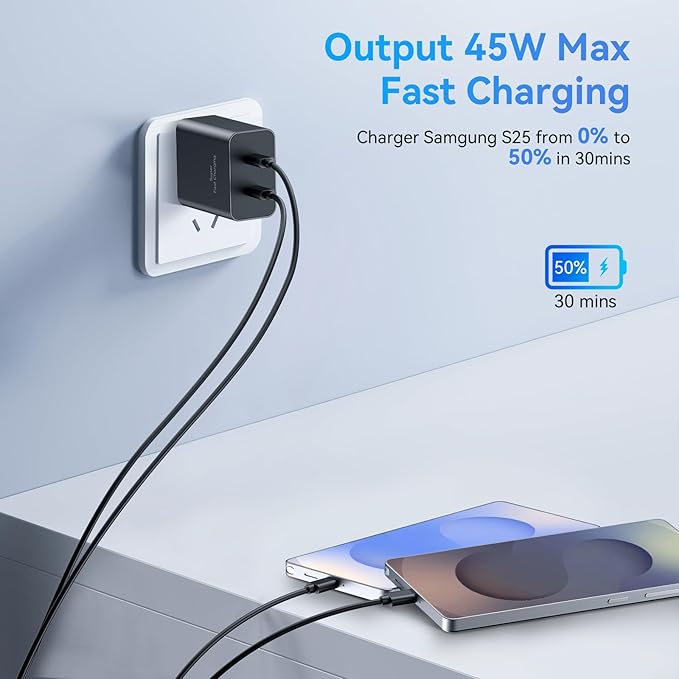 45W Samsung Super Fast Charger,2Pack Dual Port USB C Samsung Charger Fast Charging,Quick Double Type C Android Chargers Block 10FT Long USB C Cable for SamsungGalaxy S25 Ultra/S25/S24+/S23/S22/S21/S20