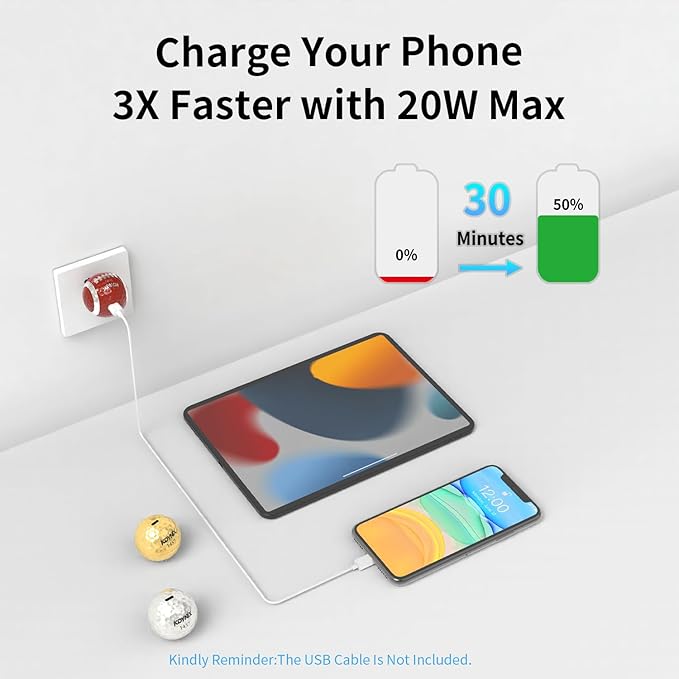USB C Charger Block 20W，Creative Golf Ball Type C Wall Charger，GaN III Power Adapter with UL Certified，Fast Charging for iPhone 16/15 Series, Galaxy, Google Pixel,iPad,AirPods
