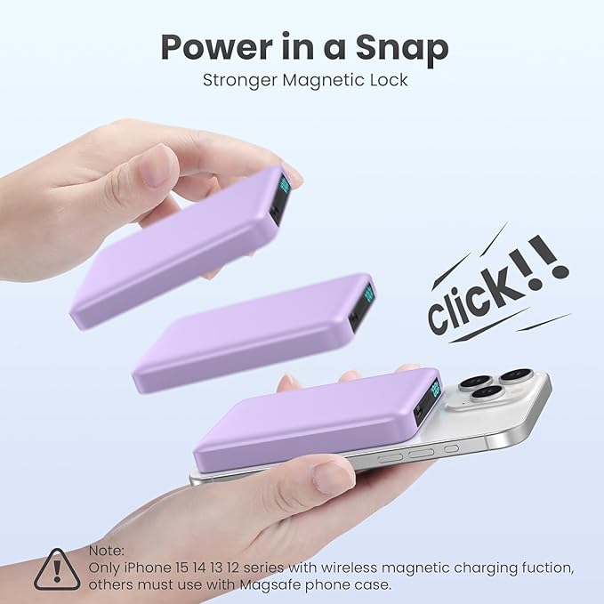Magnetic Portable Charger Power Bank,Compact 10800mAh LCD Display Wireless Portable Charger,20W PD USB-C in&out Battery Pack Compatible with Magsafe,iPhone 15/15 Plus/15 Pro Max/14/13/12 Series-Purple
