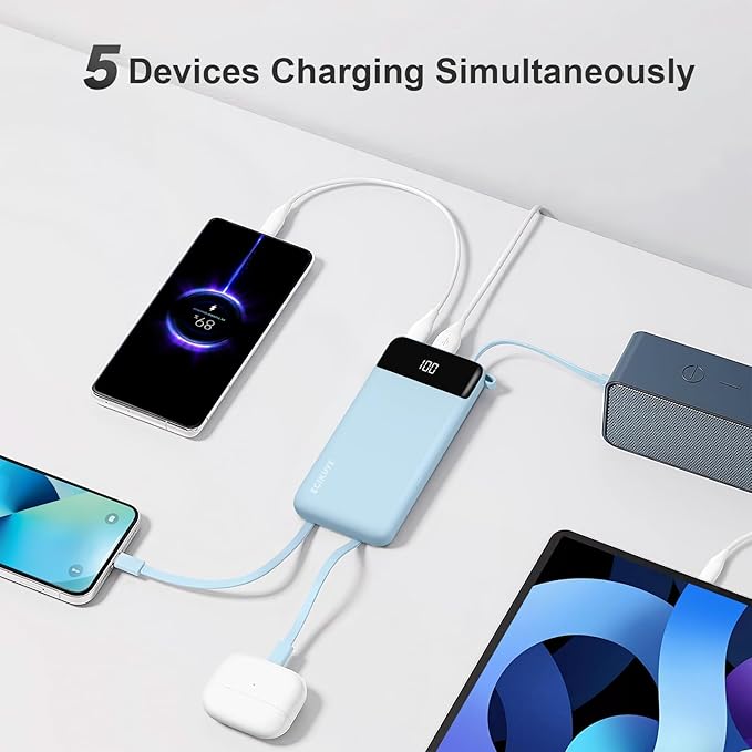 Power Bank 10000mAh Portable Charger with 4 Built-in Cables, Type-C in & Out Phone Charger, External Battery Charger Pack & Travel Essential for iPhone 16/15/14, Samsung, iPad, Android