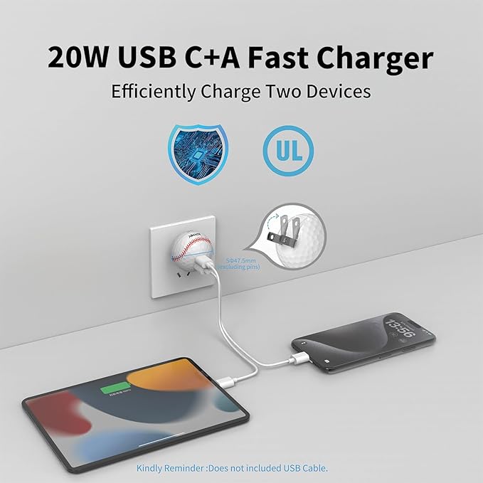 20W Dual Port Creative Golf Ball Charger Block， GaN III Power Adapter Fast Wall Charger with UL Certified, Fast Charging for iPhone 16/16 Pro/16 Pro Max/16 Plus/15/14/13/12, Galaxy, iPad, Airpods