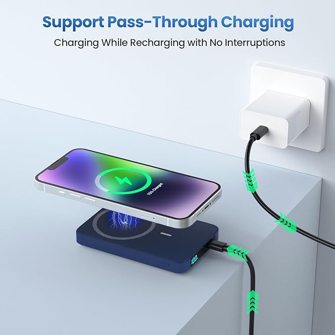 Magnetic Portable Charger Power Bank,Compact 10800mAh LCD Display Wireless Portable Charger,20W PD USB-C in&out Battery Pack Compatible with Magsafe,iPhone 15/15 Pro Max/14/13/12 Series-Dark Blue