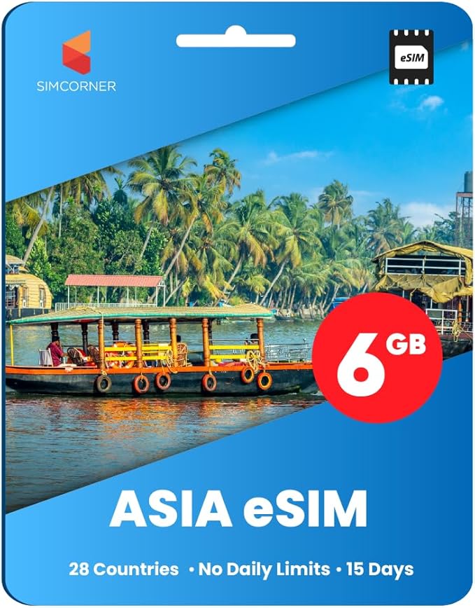 Asia Travel eSim Card - 6GB Fast Data for 15 Days in 28 Asian Countries. No Daily Limit. Easy Activation. Data Only International Travel e SIM Card for eSim Compatible Mobile Phone, Ipads and Tablets