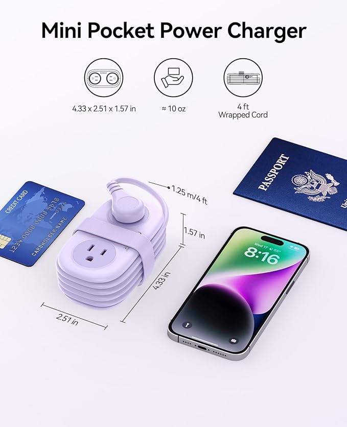 ORICO Purple Travel Power Strip PD20W with 4 AC Outlets 3 USB Ports (1 USB-C), 4FT Flat Plug Extension Cord, Compact Portable Design for Business Travel, Cruise Ship Essentials-AP3