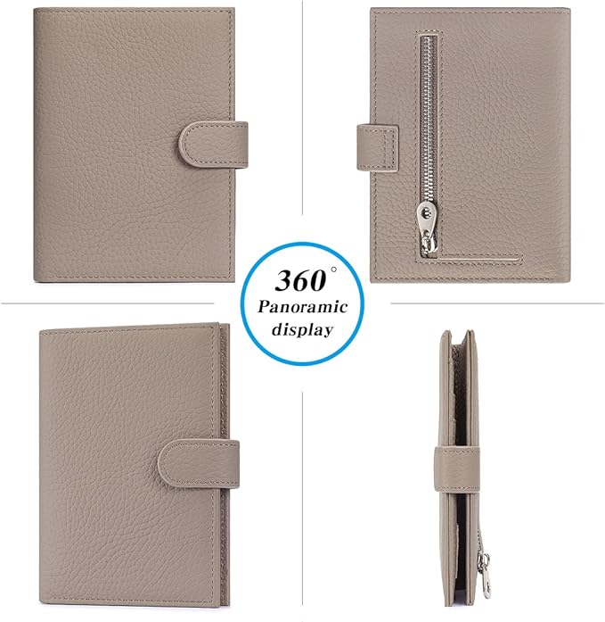 Passport Holder for Travel Women RFID Blocking Genuine Leather Passport Wallet with Card Slots, Zipper Coins Pocket, Cash Holder, Grey