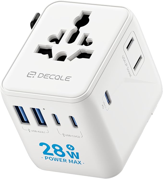 Universal Travel Adapter, International Travel Plug Adapter with 3 USB-C ＆ 2 USB-A Ports, with Extra 2 Prong AC Outlet All in One Portable Socket, for USA, UK, EU, AU ＆ 224+ Countries (White)