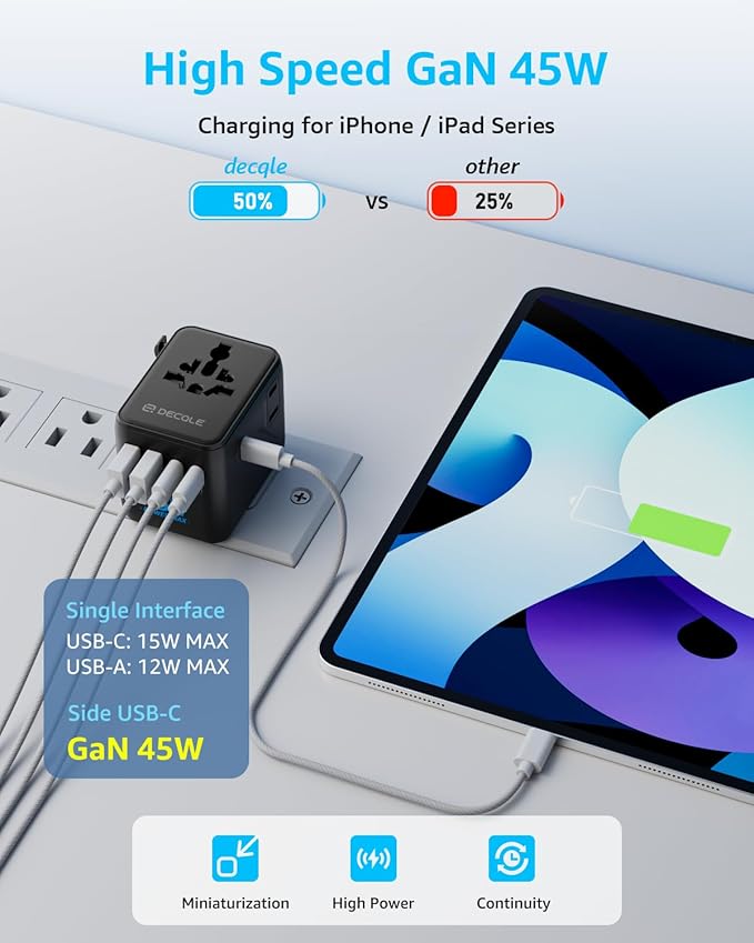 Universal Travel Adapter, International Travel Plug Adapter with 3 USB-C ＆ 2 USB-A Ports 45W, All in One Portable Socket, for USA, UK, EU, AU ＆ 224+ Countries (Black)