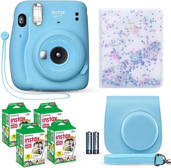 Fujifilm Instax Mini 11 Instant Camera Sky Blue + Fuji Film Value Pack (40 Sheets) + Shutter Accessories Bundle, Incl. Compatible Carrying Case, Quicksand Beads Photo Album 64 Pockets