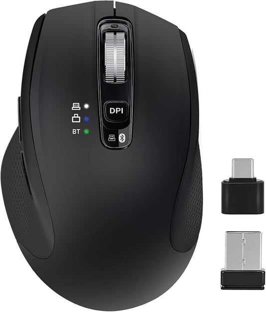 Wireless Mouse with Bluetooth, USB-A, USB-C Receiver, Rechargeable, Full-Size Mouse, Silent, Ergonomic, for MacBook/Laptop/Computer/PC/iPad-Black