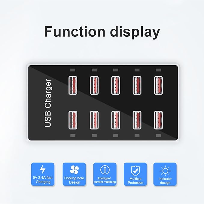 Cell Phone Wall Charger USB Charging Station for Multiple Devices 10 Ports Power Strip Charging Hub Smart Plug Charge Block Dock for iPhone 15/14/13/iPad iPod Galaxy Watches Android Phones