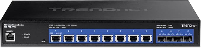 TRENDnet 12-Port 10G Web Smart Switch, TEG-7124WS, 8 x 10G RJ-45 Ports, 4 x SFP+ Slots, Ethernet Splitter, NDAA & TAA Compliant, Rack Mountable Housing, Lifetime Protection, Black