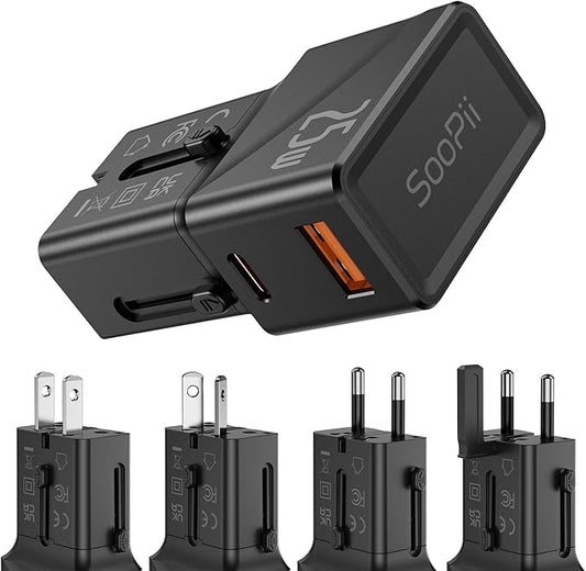 SooPii Gan USB C Charger 25W, 2 Port PD PPS QC Universal Travel Adapter, All-in-One Travel Charger with US UK EU AU Plug Adapter for Galaxy S25/S24/Note 20, iPhone 16/15/14, iPad, Pixel and More