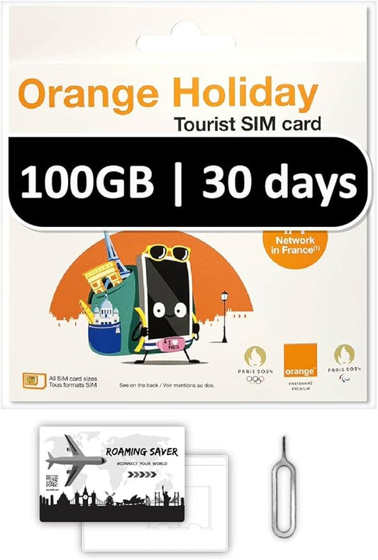 Orange Holiday Europe Prepaid Sim 100GB Internet Data | 30 Days-Use | Data tethering Allowed | 120min & 1000 SMS from Europe to Any Country Worldwide+1 Sim Card Holder+1 Pin