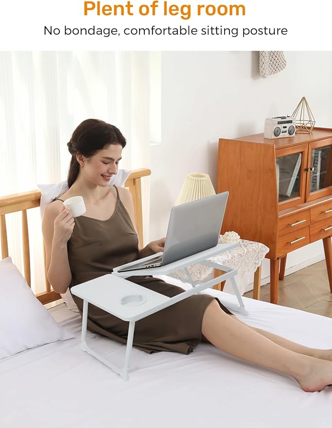 Lap Desk for Couch/Sofa/Floor, 5-Angle Adjustable Bed Desk with Foldable Legs &Cup Holder, Light Weight Bed Tray Table for Writing/Eating/Reading, Portable Laptop Stand for Adults, Kids