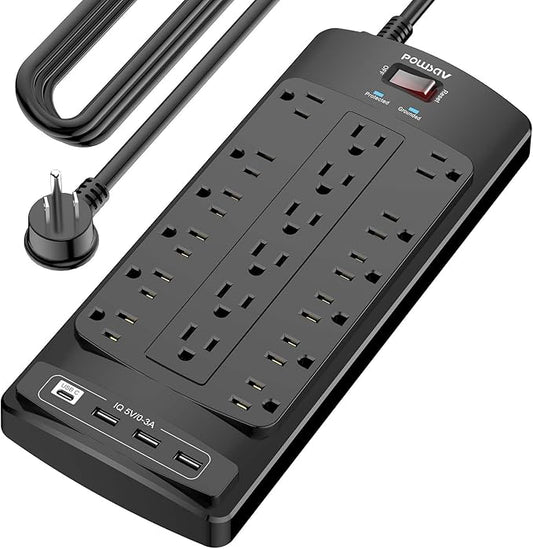 18 Outlets Surge Protector Power Strip - 20 Feet Flat Plug Heavy Duty Extension Cord with 18 Widely Outlets and 4 USB Ports, 2100 Joules, Black, ETL Listed