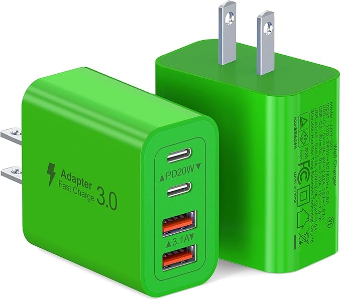 2 Pack USB C Charger, 40W Fast Charge Cube, 4-Port QC+PD Wall Plug,Multi-Port Type C Power Adapter for iPhone 17 16 15 14 13 12 Pro Max XS XR 8,Galaxy S24,Nexus,HTC,Google Pixel,and More(Green)