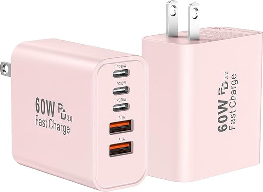 USB C Fast Wall Charger Block, 2Pack 60W USBC Charging Cubes, 5-Port PD+QC Power Adapter Multiport Brick Type C Box Plug for Phone 16/15/14/13/12/11/Pro Max/Plus, Pad Mini/Pro/S25/S24-Pink