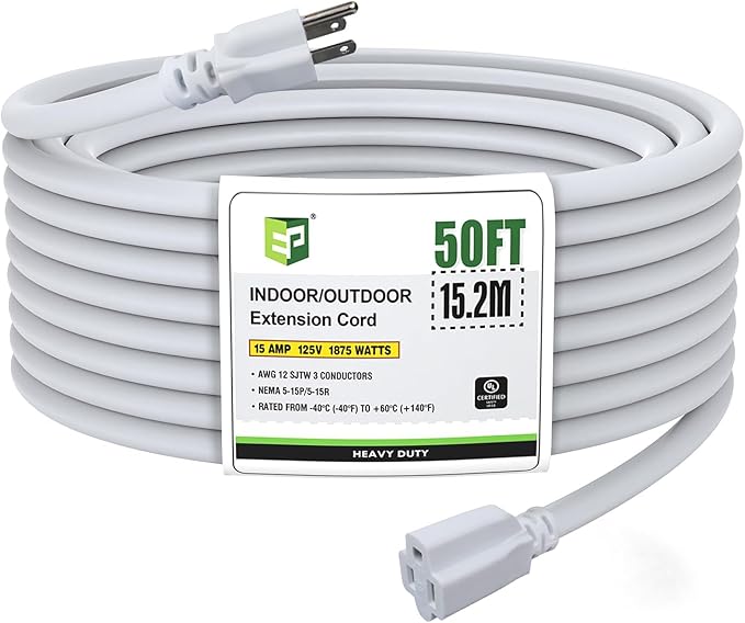 EP 50 Ft Outdoor Extension Cord, 12/3 SJTW Heavy Duty Extension Cable with 3 Prong Grounded Plug, 15 AMP Power Cord for Lawn, Garden, Appliances, White