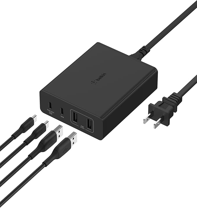 Belkin Charger Station 108W GaN - 2X USB-C and 2X USB-A Ports - Fast Desktop Charger Dock Hub for iPhone 17, Air, Pro, Apple Watch, iPad, MacBook, Samsung Galaxy S25, Nintendo Switch 2 - Black