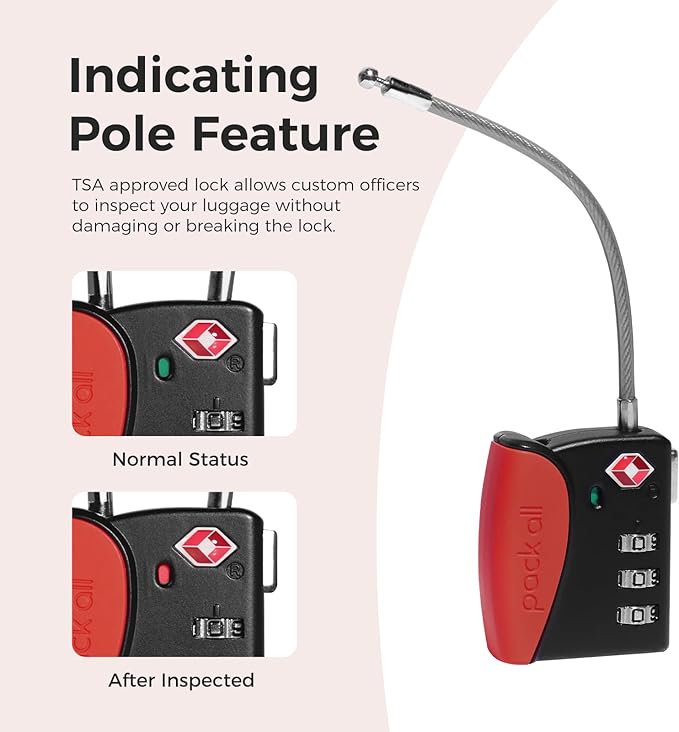 pack all TSA Approved Cable Luggage Locks, 3 Digit Combination Padlocks, Travel Lock for Suitcases & Bag, Alloy Body, Travel Accessories (1 Pack)（Red）
