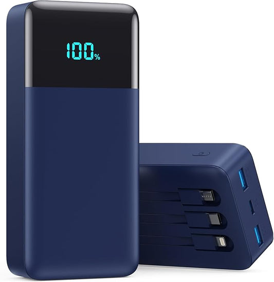 Portable Charger 50800mAh Power Bank with 3 Built in Cable,25W PD QC4.0 Fast Charging USB C Battery Pack,6 Output 2 Input LCD Display Portable Phone Charger for iPhone 16/15/14,Google,Android, Blue