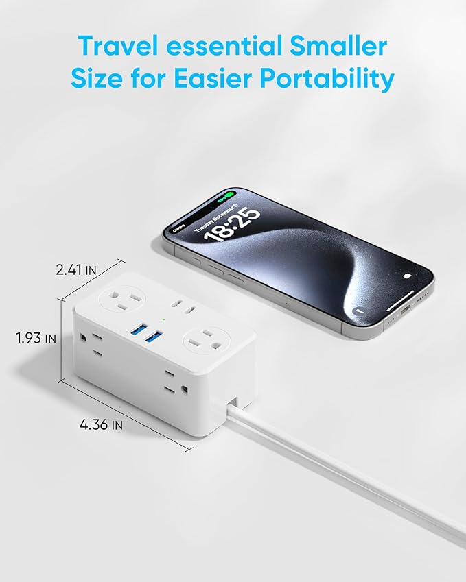 European Travel Plug Adapter, EU/UK/US Travel Plug Adapter Power Strip, 6 AC Outlets, 4 USB Ports (2 USB C), 3ft Wrapped Around Extension Cord, Universal Travel Adapter